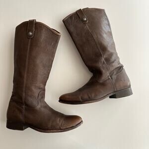 Frye Melissa Button Pull On Mid Calf Round Toe Antique Brown Riding Boot 10 B